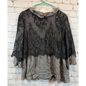 Valerie Stevens XL Plaid Lace Top 3/4 Sleeve‎ Blouse Gray Black